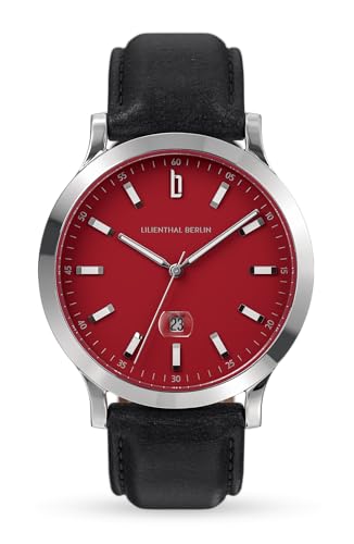 Lilienthal Berlin Herrenuhr Huxley II in Crimson Red – Armbanduhr am schwarzen Leder-Armband – aus 316L Chirurgenstahl mit einem Quarzuhrwerk & saphirgehärtetem Mineralglas – 40 mm von Lilienthal