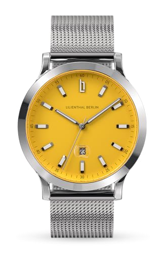Lilienthal Berlin Herrenuhr Huxley in Canary Yellow– Armbanduhr am Silber glänzenden Mesh-Armband – aus 316L Chirurgenstahl mit einem Quarzuhrwerk & saphirgehärtetem Mineralglas – 40 mm von Lilienthal