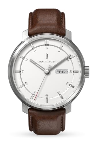 Lilienthal Berlin Neolux Day Date Automatik Uhr Silver White – hochwertige Herrenuhr am braunen Leder-Armband aus Chirurgenstahl mit Automatikwerk & saphirgehärtetem Mineralglas – 42mm von Lilienthal