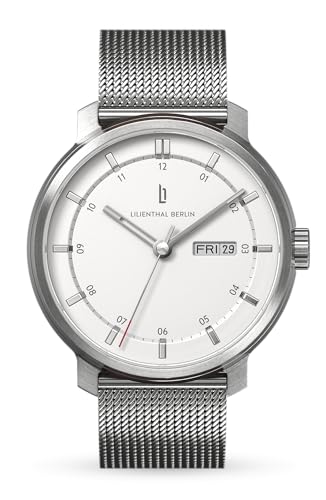 Lilienthal Berlin Neolux Day Date Automatik Uhr Silver White – hochwertige Herrenuhr am silbernen Mesh-Armband aus Chirurgenstahl mit Automatikwerk & saphirgehärtetem Mineralglas – 42mm von Lilienthal
