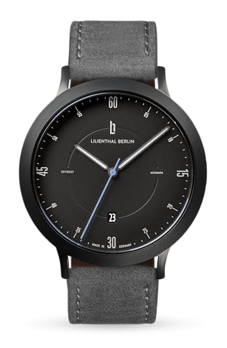 Lilienthal Berlin Zeitgeist Automatik Uhr All Black – hochwertige Herrenuhr am grauen Lederarmband aus Chirurgenstahl mit einem Automatikwerk & Saphirglas – 42,5 mm von Lilienthal