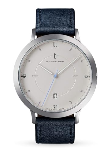 Lilienthal Berlin Zeitgeist Automatik Uhr All Silver – hochwertige Herrenuhr am dunkelblauen Lederarmband aus silbernem Chirurgenstahl mit einem Automatikwerk & Saphirglas – 42,5 mm von Lilienthal