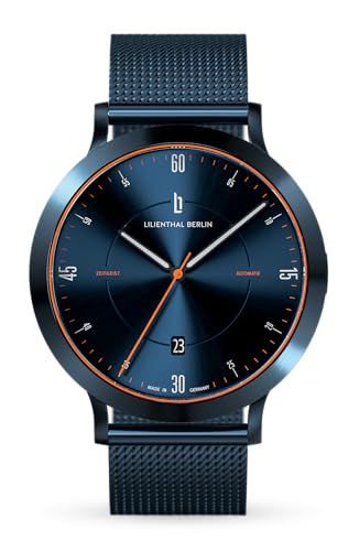 Lilienthal Berlin Zeitgeist Automatik Uhr Blue Orange – hochwertige Herrenuhr am dunkelblauen Mesh-Armband aus blauem Chirurgenstahl mit einem Automatikwerk & Saphirglas – 42,5 mm von Lilienthal