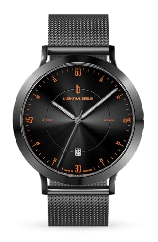 Lilienthal Berlin Zeitgeist Automatik Uhr Dark Silver Orange – hochwertige Herrenuhr am anthraziten Mesharmband aus silbernem Chirurgenstahl mit einem Automatikwerk & Saphirglas – 42,5 mm von Lilienthal