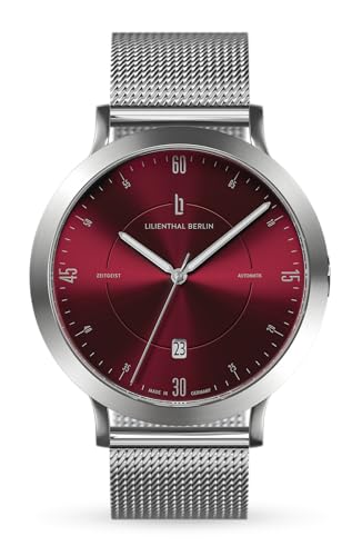 Lilienthal Berlin Zeitgeist Automatik Uhr Silver Bordeaux – hochwertige Herrenuhr am silbernen Mesharmband aus silbernem Chirurgenstahl mit einem Automatikwerk & Saphirglas – 42,5 mm von Lilienthal