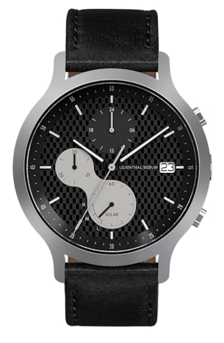 Lilienthal Berlin Chronograph Solar III in Silber – Herrenuhr am schwarzen Leder-Armband – aus Edelstahl mit einem Solar-Quarzwerk & saphirgehärtetem Mineralglas – 42,5 mm von Lilienthal