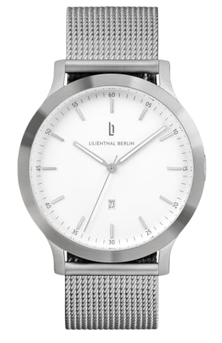 Lilienthal Berlin Herrenuhr Huxley in Silber/Weiß – Armbanduhr am silbernen Mesh-Armband – aus 316L Chirurgenstahl mit einem Quarzuhrwerk & saphirgehärtetem Mineralglas – 40 mm von Lilienthal