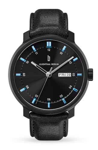Lilienthal Berlin Neolux Day Date Automatik Uhr Black Blue – hochwertige Herrenuhr am schwarzem Leder-Armband aus Chirurgenstahl mit Automatikwerk & saphirgehärtetem Mineralglas – 42mm von Lilienthal