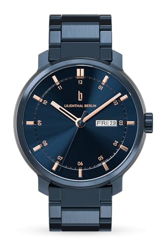 Lilienthal Berlin Neolux Day Date Automatik Uhr Blue Rose Gold – hochwertige Herrenuhr am blauen Edelstahl-Armband aus Chirurgenstahl mit Automatikwerk & saphirgehärtetem Mineralglas – 42mm von Lilienthal