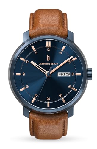 Lilienthal Berlin Neolux Day Date Automatik Uhr Blue Rose Gold – hochwertige Herrenuhr am hellbraunen Leder-Armband aus Chirurgenstahl mit Automatikwerk & saphirgehärtetem Mineralglas – 42mm von Lilienthal