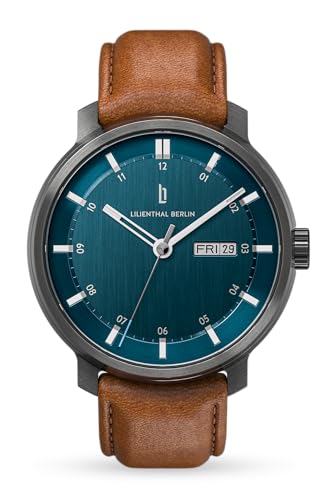 Lilienthal Berlin Neolux Day Date Automatik Uhr Dark Silver Blue – hochwertige Herrenuhr am hellbraunen Leder-Armband aus Chirurgenstahl mit Automatikwerk & saphirgehärtetem Mineralglas – 42mm von Lilienthal