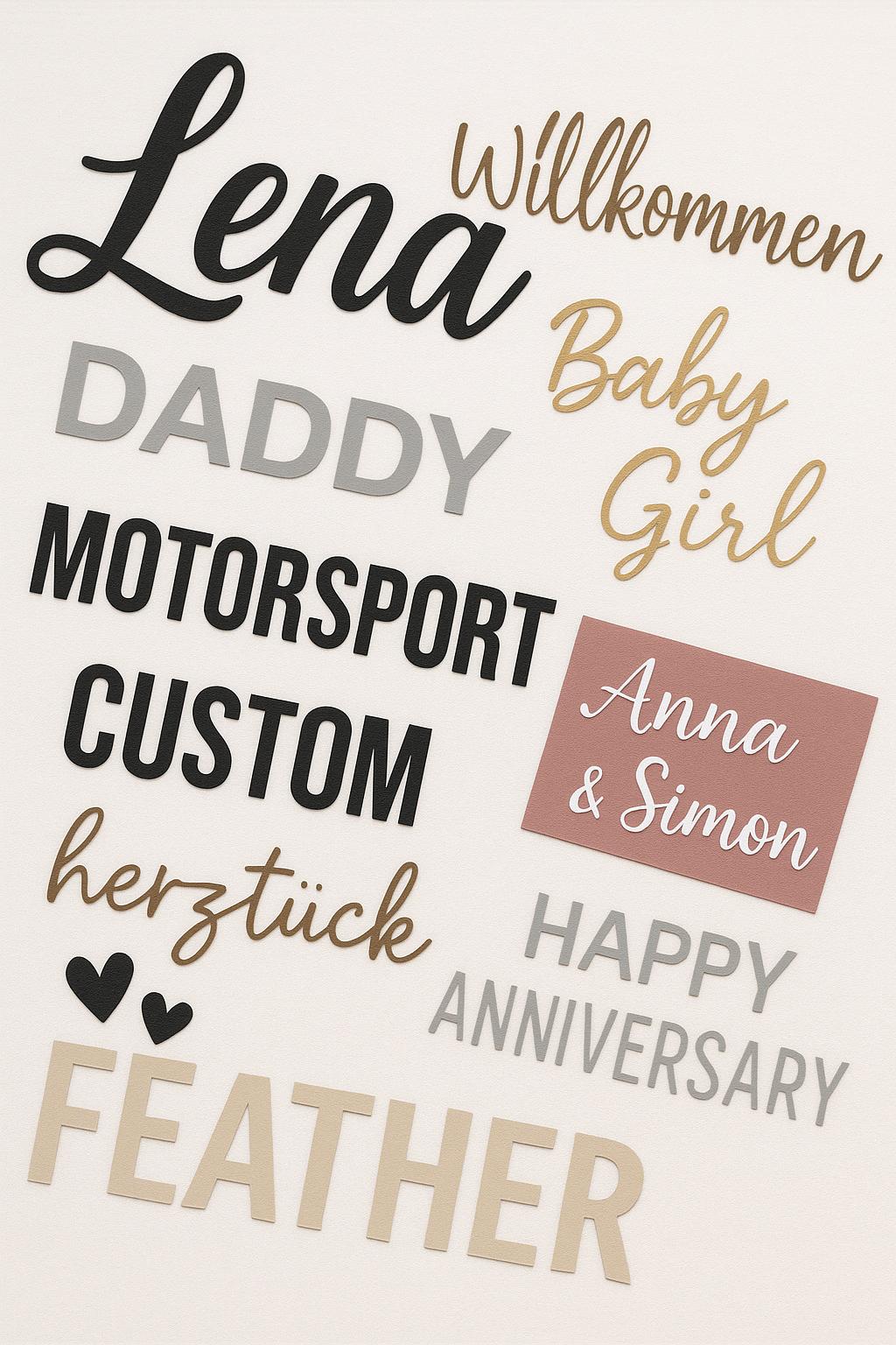 Personalisierte Schriftzüge, Bügelfolie, Namensschilder, Sprüche, Aufkleber Selbst Gestalten, Namensschild, T-Shirts Bedrucken, Direktdruck Personalisierte Schriftzüge, Bügelfolie, Namensschilder, Sprüche, Aufkleber Selbst Gestalten, Namensschild, T-Shirts Bedrucken, Direktdruck von Lilienzauber