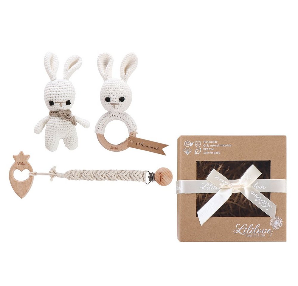 Lililove Geschenkset Neugeborenen-Geschenkset Buddy Bunny Giftset, white, 3-teilig (Geschenkset, Rassel set, Giftset, Geburtsgeschenkset, Geschenkset Baby, New born Erstsusstattung) Geschenkset 3-teilig, Bio-Baumwolle, nachhaltig, von Hand gehäkelt von Lililove Geschenkset