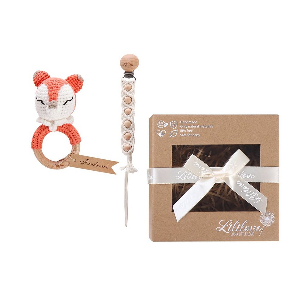 Lililove Geschenkset Neugeborenen-Geschenkset Foxy Box (Geschenkset, Spielzeug, Rassel, Schnullerkette, nachhaltig, handmade, Rassel und Schnullerkette, Geschenkset, Giftset, Baby Geschenkbox, Geburtsgeschenk, Giftbox Baby, Weihnachtsgeschenk) Bio Baumwolle, handmade, nachhaltig von Lililove Geschenkset