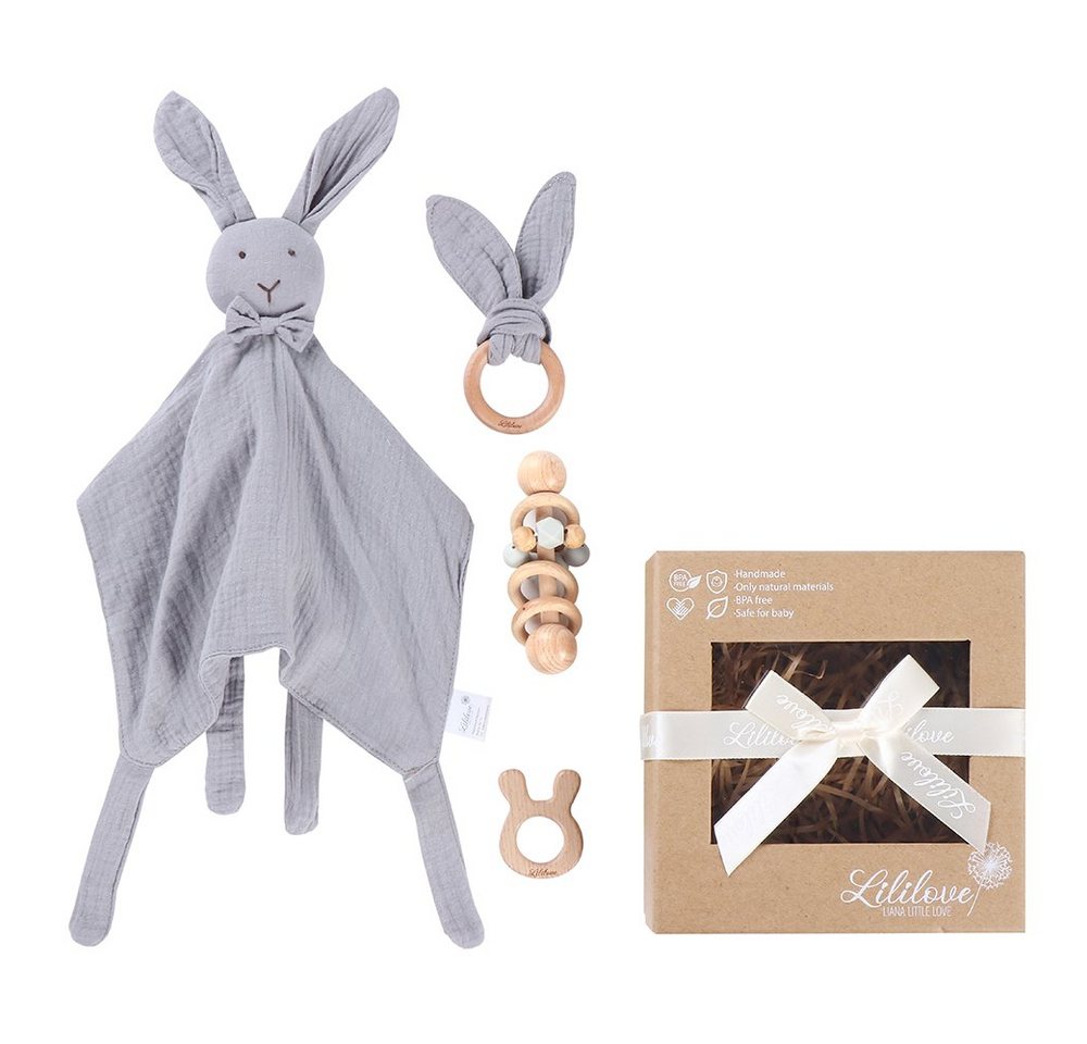 Lililove Geschenkset Neugeborenen-Geschenkset Kuschel- Bunny Box, Grey (Set, Geschenkset, Giftset, Spielzeug-Set, Kuschelhase, 4-teilig, Geschenkset, Giftset, New born set, Erstausstattung Set, Baby Set) Bio- Baumwolle, unbehandeltem Buchenholz, Geschenkset von Lililove Geschenkset