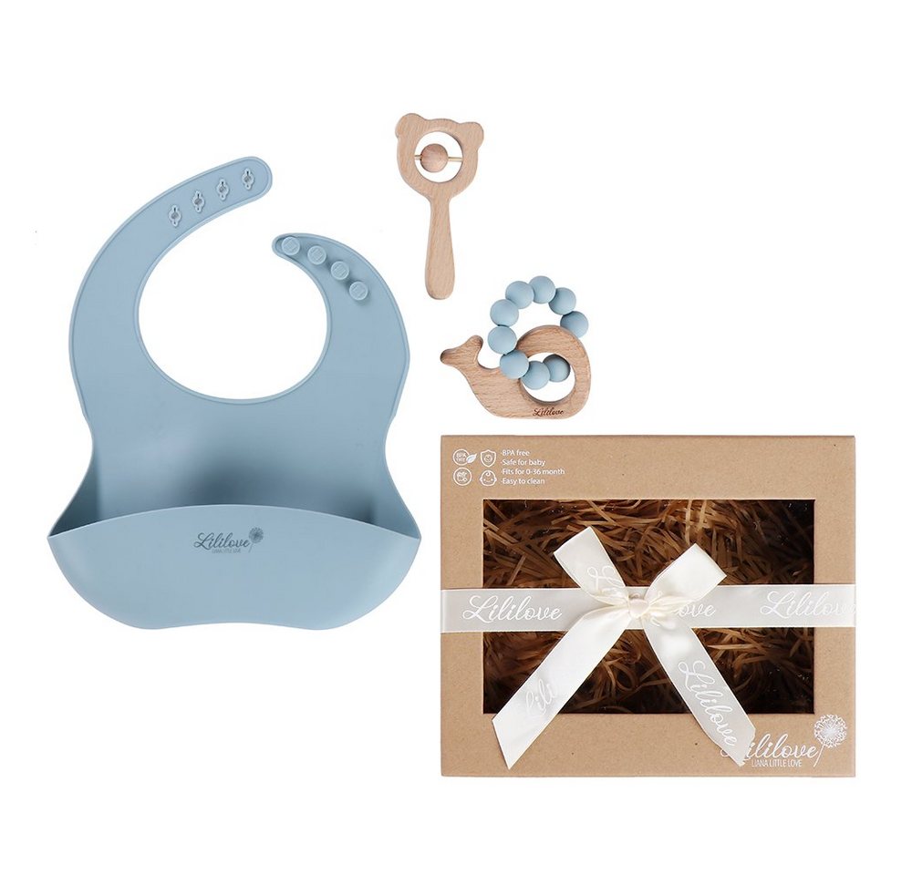 Lililove Geschenkset Neugeborenen-Geschenkset Little Prince Box, Blue (Geschenkset, Giftset, Lätzchen: 22,3 x 30cm, Beißring: 6x6 cm, Rassel 8x6cm, Geschenkset, New born, Baby Geschenkset) BPA-free, zertifiziertes Silikon, unbehandeltes Buchenholz von Lililove Geschenkset