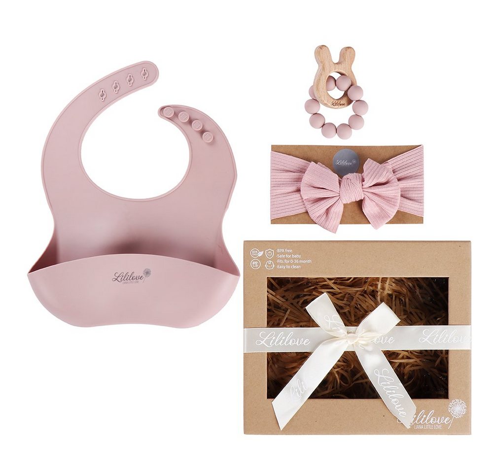 Lililove Geschenkset Neugeborenen-Geschenkset Little Princess Box, rosé (Geschenkset, 3-teilig, Lätzchen: 22,3x 30cm, Greif/Beißring: 6x6cm, Stirnband: 7x17cm) BPA-free, 100% geprüfte Qualitäten von Lililove Geschenkset