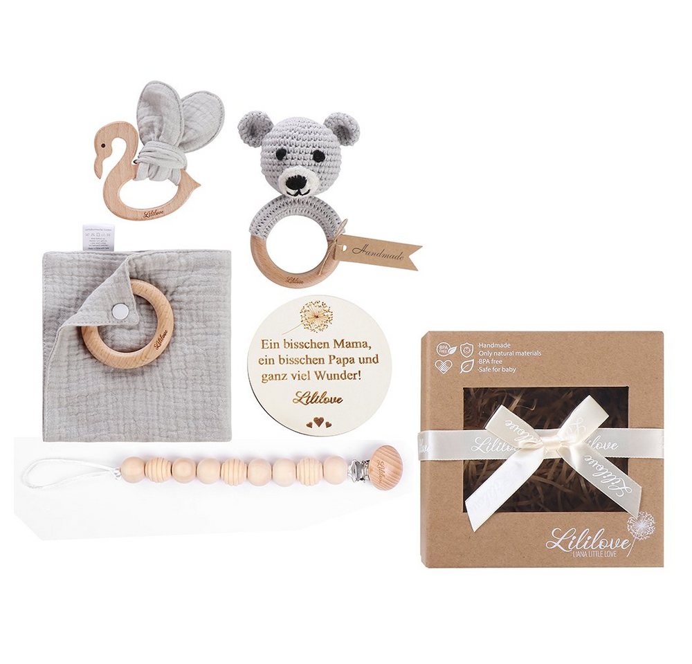 Lililove Geschenkset Neugeborenen-Geschenkset Lovely Bear Box (Geschenkset, Musselintuch: 30x30cm, Rassel: 6x12cm, Greif/Beißring: 8x8cm, Schnullerkette: 30cm, Holzscheibe: 10cm) Süßes Geschenkset im Bärchen- Design, 5-teilig von Lililove Geschenkset