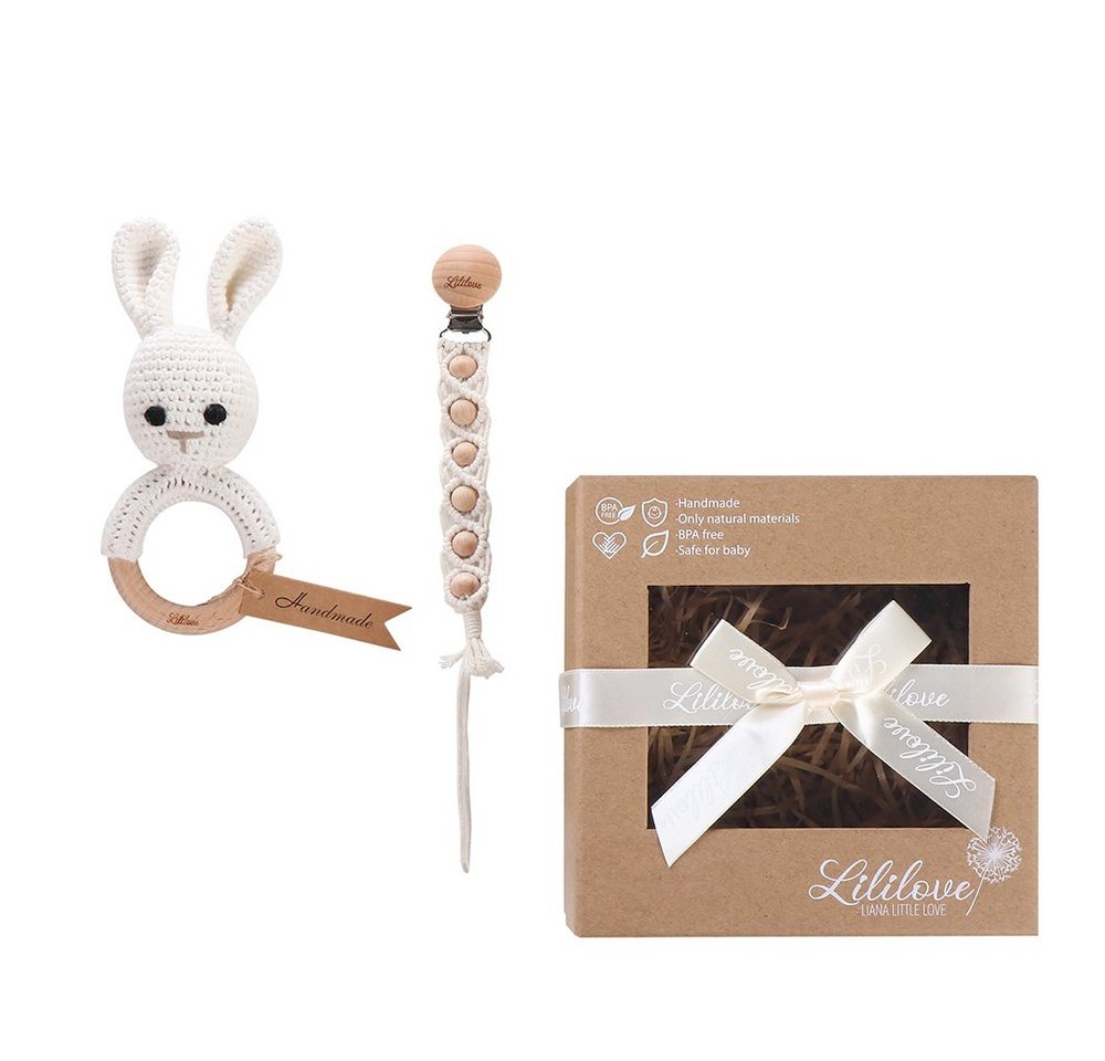 Lililove Geschenkset Neugeborenen-Geschenkset Lovely Bunny Box (Geschenkset, 2-teilig, Rassel: 13cm, Schnullerkette: 26cm) Geschenkset von Lililove Geschenkset