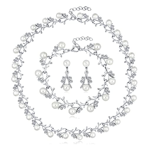 Damen Perle Schmuckset Hochzeitsschmuck-Sets Perlen Ohrringe Armband schmuck Set Strass Perle Halskettenset Perlenkette Perlenarmband Schmuckset Party Hochzeit Schmuck Set für Brautjungfern (Silver) von Lilingyu