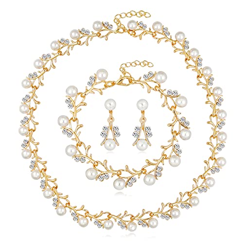 Damen Perle Schmuckset Hochzeitsschmuck-Sets Perlen Ohrringe Armband schmuck Set Strass Perle Halskettenset Perlenkette Perlenarmband Schmuckset Party Hochzeit Schmuck Set für Brautjungfern (Gold) von Lilingyu