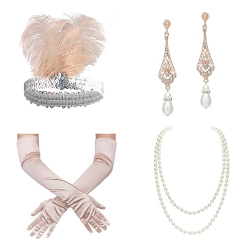 Punk Mittelalterliche Feder-Haarreifen mit Ohrring und Perlenkette für Damen, Karneval, Etiketten, Handschuh für Festivals von Lilinzhi