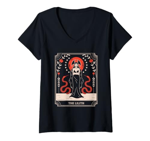 Damen Tarot Lilith Okkulter Gothic Hexenkern T-Shirt mit V-Ausschnitt Damen Tarot Lilith Okkulter Gothic Hexenkern T-Shirt mit V-Ausschnitt von Lilith Demon Design