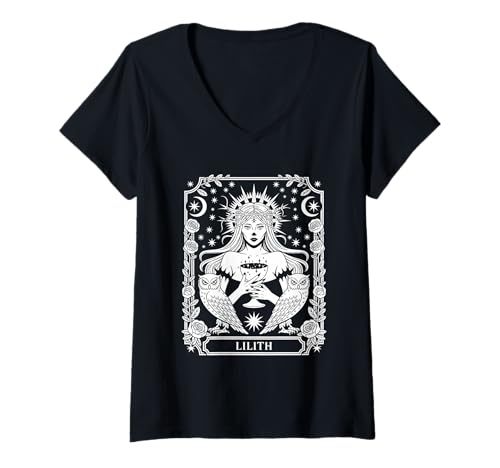 Damen Tarot Lilith Okkulter Gothic Hexenkern T-Shirt mit V-Ausschnitt Damen Tarot Lilith Okkulter Gothic Hexenkern T-Shirt mit V-Ausschnitt von Lilith Demon Design