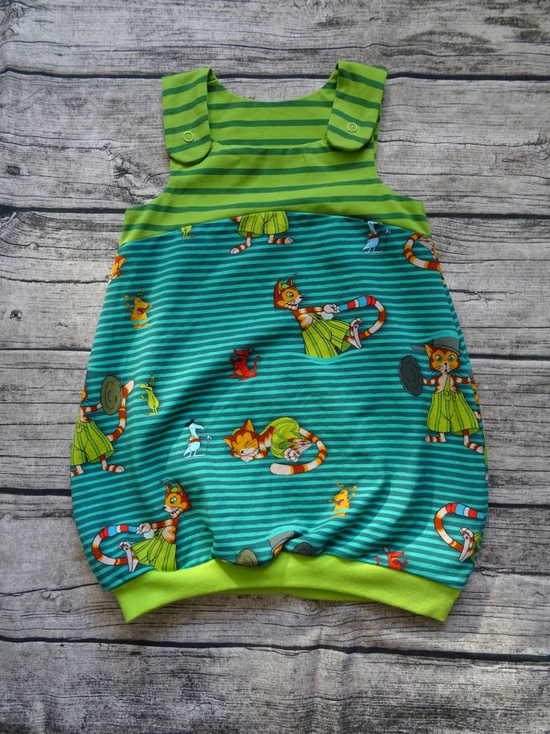 Sommerliches Latzkleid/Ballonkleid Gr. 86-104 "Findus Auf Streifen Türkis" von LilleHimmelAtelier
