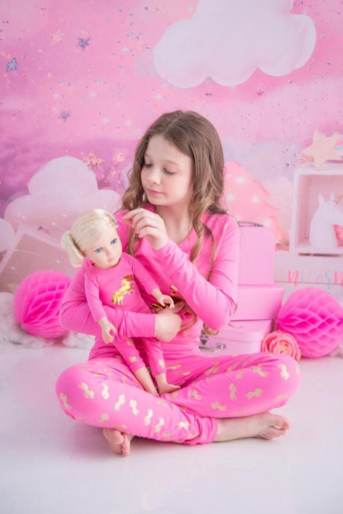 Mädchen Und Puppen 4 Stück Passende Pyjama | Püppchen Pyjama| Set Größe 4, 6, 8, 10, 12| Einhorn Rosa von LilliandmeUK