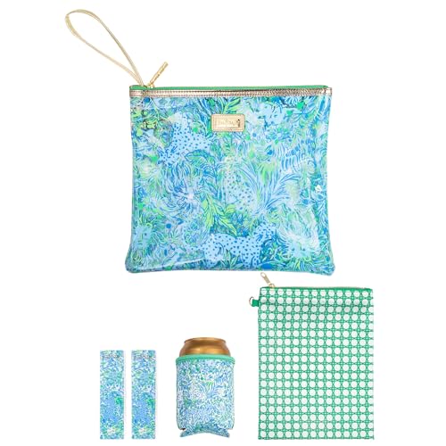 Lilly Pulitzer Wasserabweisende Vinyl-Strandtasche mit Reißverschluss, inklusive Getränkehalter, kleiner Tasche und Handtuch-Clips (Dandy Lions) von Lilly Pulitzer