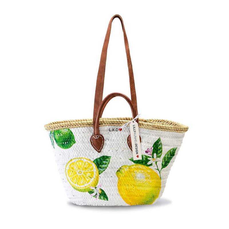 Korbtasche Mit Zitronen Bemalt, Ledergriffe von LillyKunkelDesign