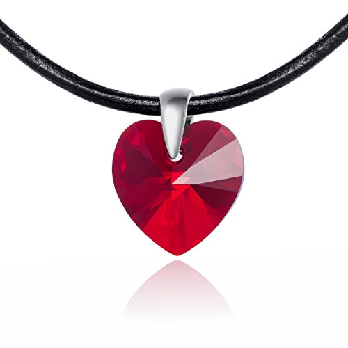 Damen Leder-Kette schwarz Swarovski Elements Herz rot längen-verstellbar Schmuck-Beutel Kleine Geschenke von LILLY MARIE