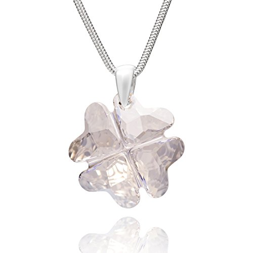 Damen Halskette Silber 925 Swarovski Elements vierblättriges Klee-Blatt Glücksbringer Anhänger hell-grau längen-verstellbar Schmucketui Geschenk für Freundin von LILLY MARIE