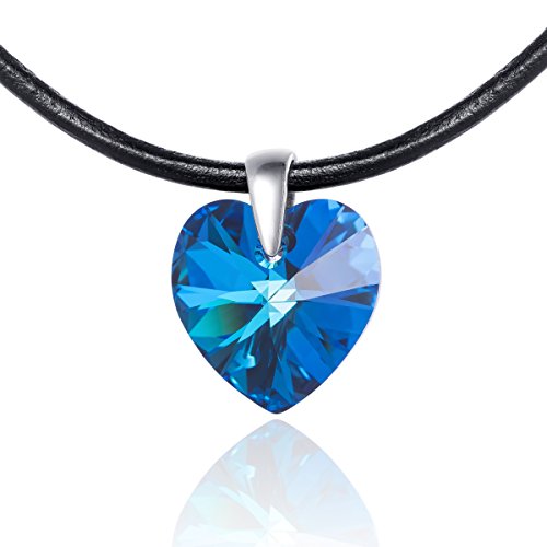 Damen Leder-Kette schwarz Swarovski Elements Herz blau längen-verstellbar Schmuck-Beutel Partner Geschenke von LILLY MARIE