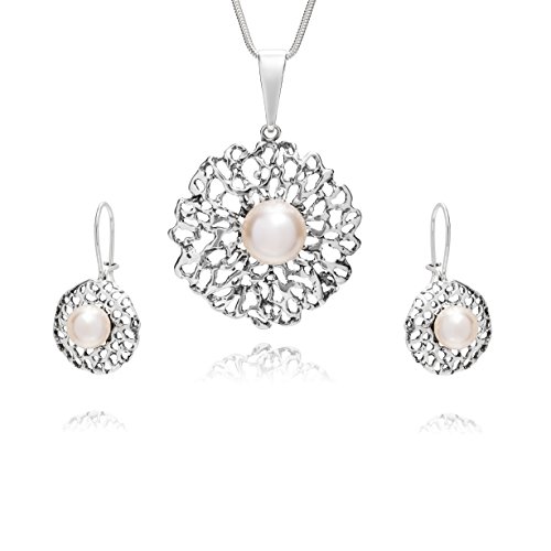 Damen Schmuckset Silber 925 grosser Anhänger mit Swarovski Elements Perle weiss längen-verstellbar Geschenkverpackung Brautschmuck von LillyMarie