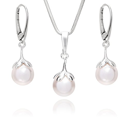 Damen Schmuckset Sterling-Silber 925 Silber-Anhänger Swarovski Elements Perle weiss längen-verstellbar Schmucketui Hochzeitsschmuck von LillyMarie