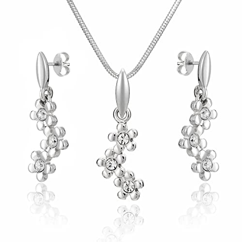 Damen Schmuckset echt Silber 925 Anhänger Blumen-Muster mit Swarovski Elements Kristallen weiß längen-verstellbar Ökologische Verpackung Brautschmuck von LILLY MARIE