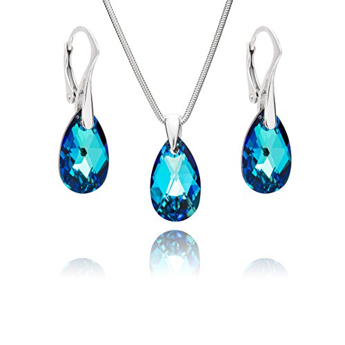 Damen Schmuck Set echt Silber 925 Tropfen-Anhänger Swarovski Elements blau längen-verstellbar Schmucketui Geschenkideen für die Frau von LillyMarie