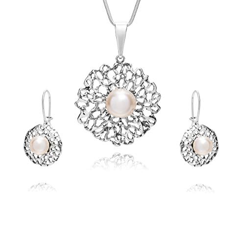 Damen Schmuck Set Silber 925 grosser Anhänger mit Swarovski Elements Perle weiss längen-verstellbar Geschenkverpackung Hochzeitsschmuck von LillyMarie