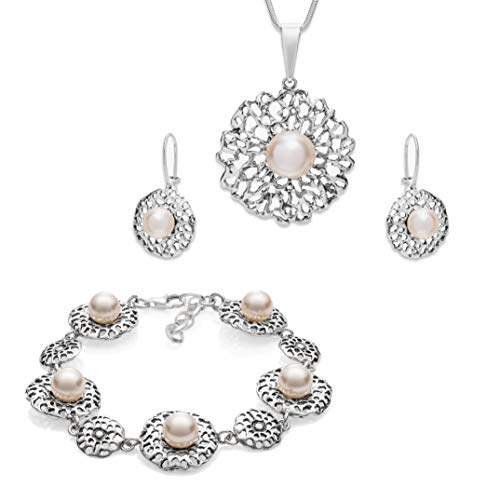 Damen Silber-Schmuckset 3tlg Sterling-Silber 925 grosser Anhänger mit Swarovski Elements Perle weiss längen-verstellbar Schmucketui Brautschmuck von LILLY MARIE