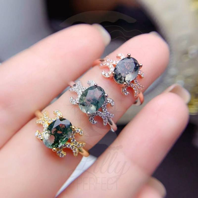 Natürlicher Oval Moosachat Verlobungsring - 14K Gold Oder Sterling Silber, Vintage-Inspirierter Jahrestag Vorschlag Schmuck Geschenk Für Frauen von LillyPerfect