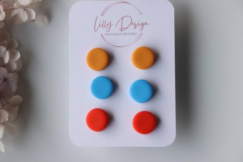 13mm, Drei Paar Ohrstecker, Gelb, Blau Und Orange, Polymer Clay Ohrstecker 13mm, Drei Paar Ohrstecker, Gelb, Blau Und Orange, Polymer Clay Ohrstecker von LillydesignDE