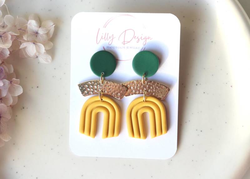 Gelb Und Grün Polymer Clay Ohrringe, 18K Vergoldetes Messing, Statement Ohrringe Gelb Und Grün Polymer Clay Ohrringe, 18K Vergoldetes Messing, Statement Ohrringe von LillydesignDE