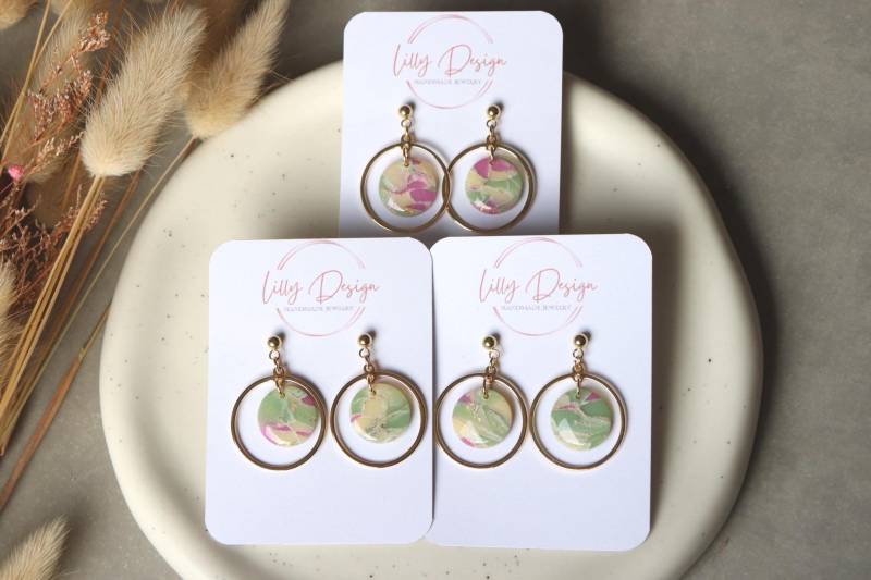 Marmorierte Polymer Clay Ohrringe, Clay, 18K Vergoldetes Messing, Handgemacht von LillydesignDE