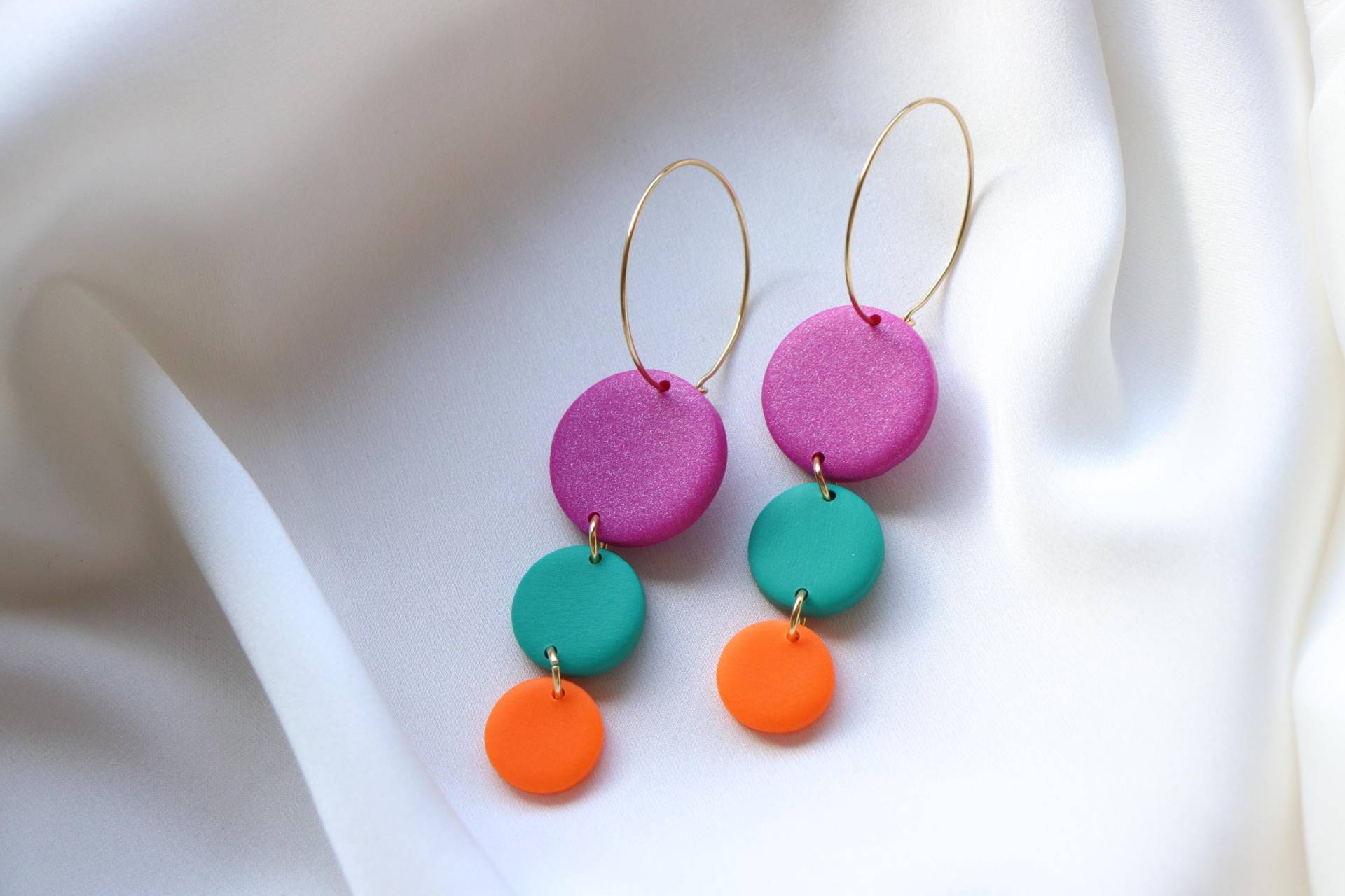 Pink-Grün-Neon Orange, Polymer Clay Ohrringe, Creole, Handgemachte Ohrringe von LillydesignDE