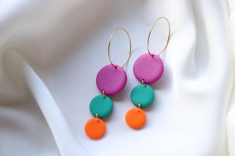 Pink-Grün-Neon Orange, Polymer Clay Ohrringe, Creole, Handgemachte Ohrringe von LillydesignDE