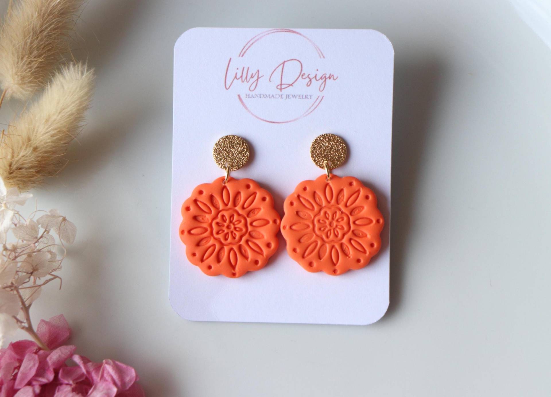 Polymer Clay Ohrringe, 18K Vergoldetes Messing, Orange Mandala Ohrringe von LillydesignDE