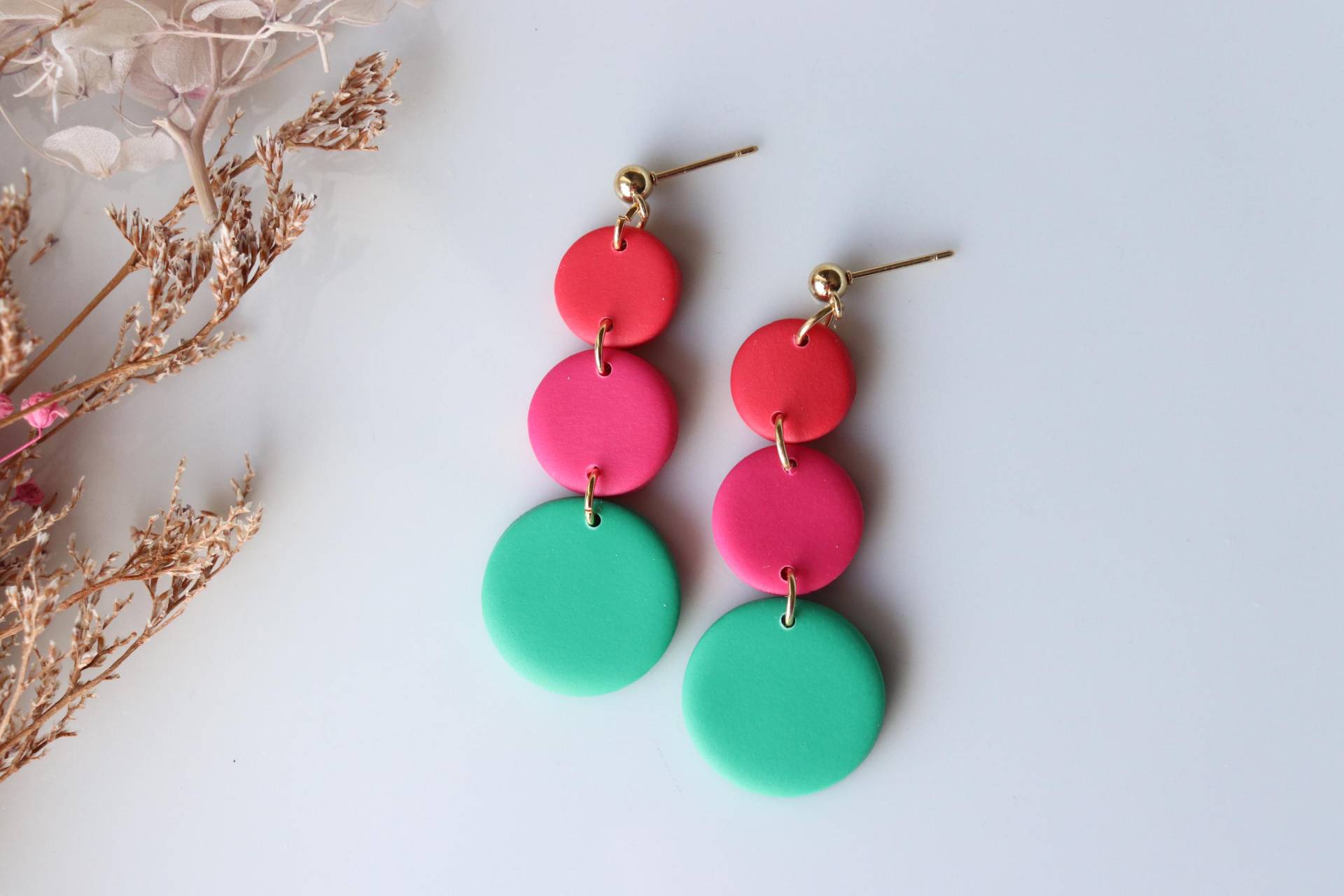 Rot-Pink-Grün Ohrringe, Lange Hängeohrringe, Polymer Clay, Geschenke Ideen Für Sie von LillydesignDE