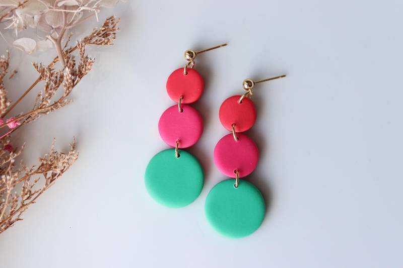 Rot-Pink-Grün Ohrringe, Lange Hängeohrringe, Polymer Clay, Geschenke Ideen Für Sie von LillydesignDE